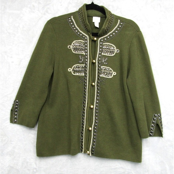 Chicos Sweater 2 Large Green Military Style Embellished Beaded Jacket Cardigan - Picture 2 of 12